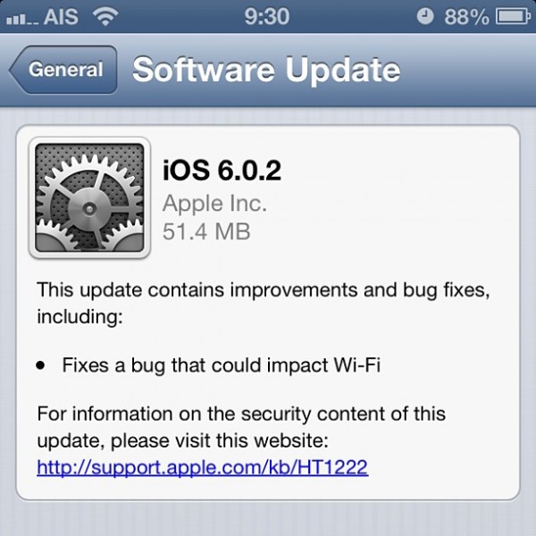 Apple ปล่อย iOS 6.0.2 แก้บั๊ก Wi-Fi ที่เกิดขึ้นบน iPhone 5 และ iPad mini แล้ว
