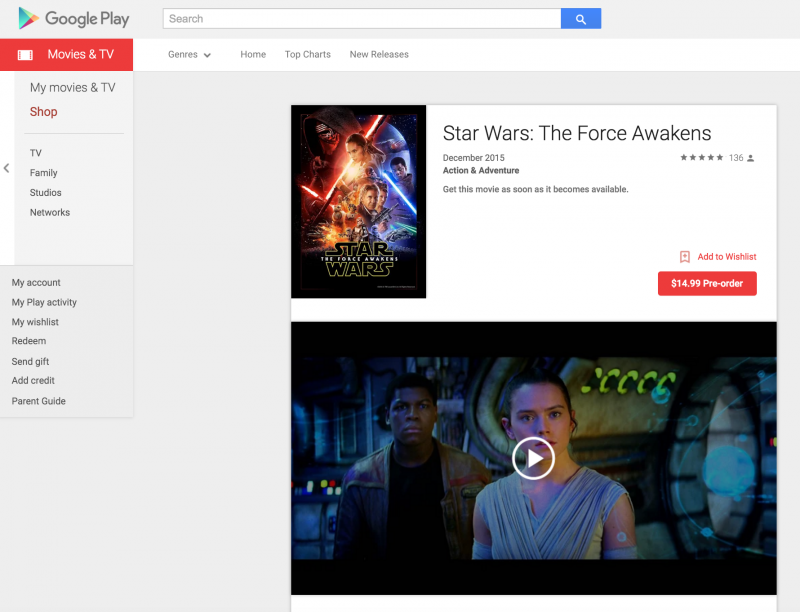 Star Wars The Force Awakens Google Play preorder