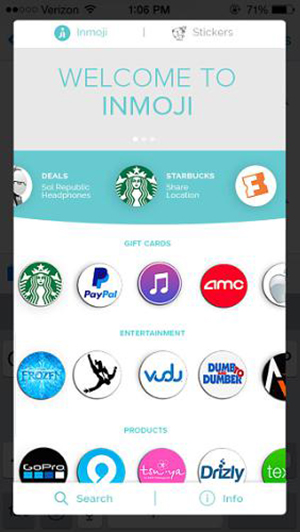 The Inmoji SDK enables consumers to easily share rich media content from their favorite brands in text conversations via in-message clickable icons called "Inmoji." (PRNewsFoto/Inmoji Inc.)