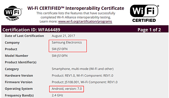 Wifi Alliance Samsung Galaxy J5 (2016) 