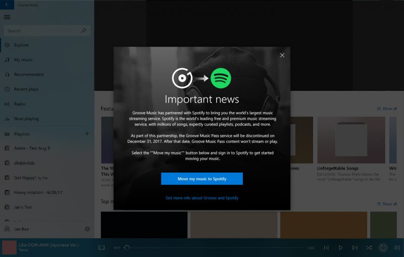 Microsoft Groove to Spotify
