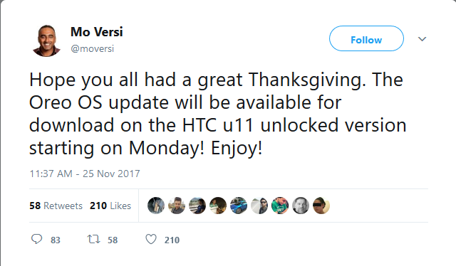 HTC U11 Oreo update twitter