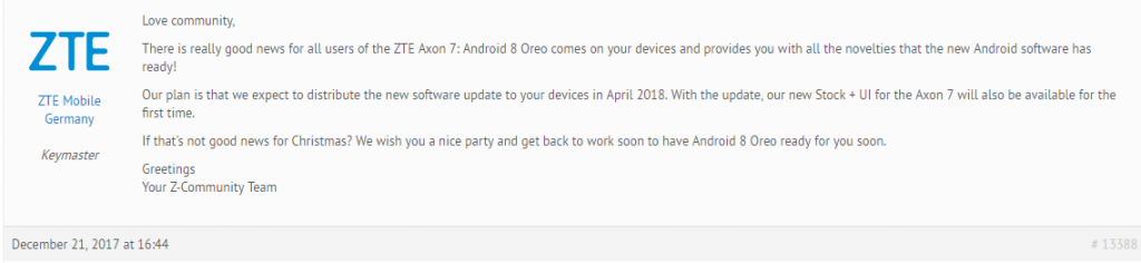 ZTE Axon 7 Android Oreo update