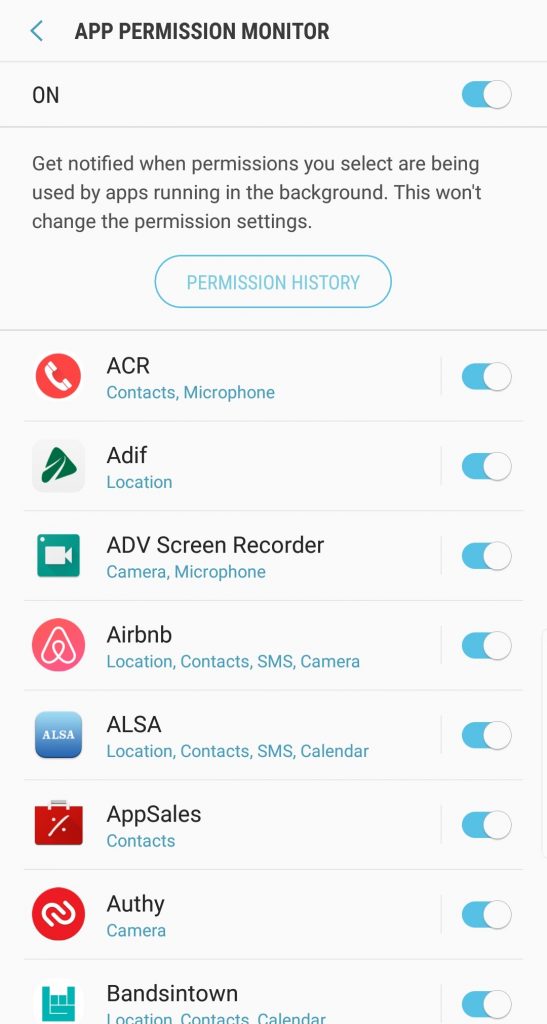 Samsung Galaxy S8 Oreo Beta App Permission monitor