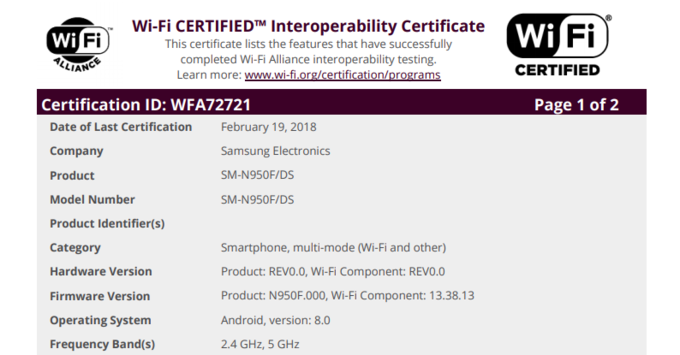Samsung Galaxy Note 8 Oreo Certificate