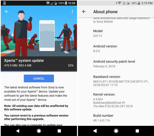 SONY Xperia XA1 Android 8.0 Oreo OTA Update
