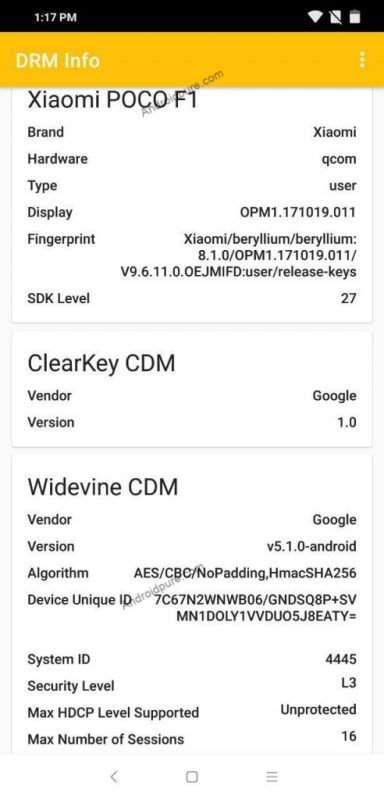 Xiaomi Pocophone F1 DRM info WideVine L3