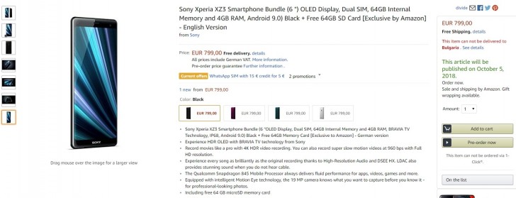 Sony Xperia XZ3 Europe Price