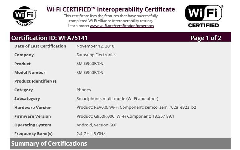 Samsung Galaxy S9 Wi-Fi certified