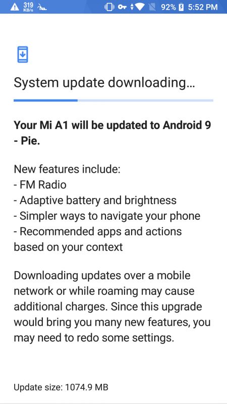 Xiaomi A1 Android 9 Pie Update OTA