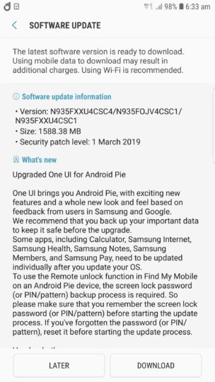 Samsung Galaxy Note FE Android Pie