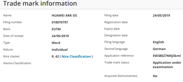 Huawei Ark OS trademark