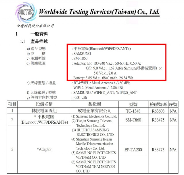 Samsung Galaxy Tab S6 with Taiwanese National Communications Commission (NCC)