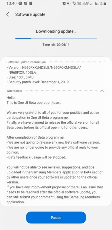 Samsung Galaxy Note 9 Android 10 Update