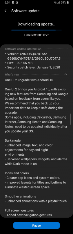 Samsung Galaxy S9 OneUI 2.0 Android 10 OTA Update