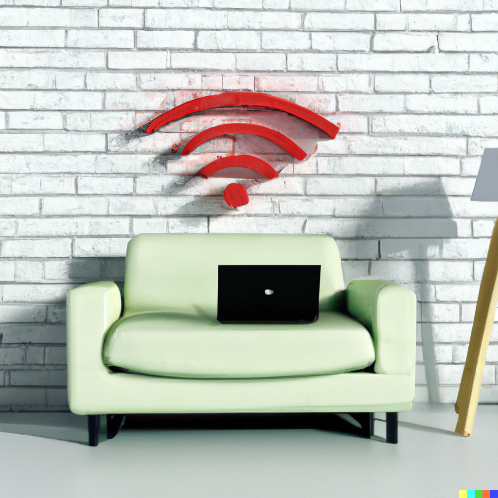 DALL·E 2022-08-03 21.47.57 – Visible WiFi router in the room with computer and user sitting in the couch, render